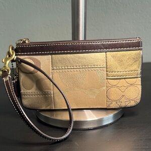 Coach Brown/Tan Signature Patchwork Wristlet with Leather Trim